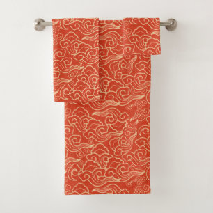 Vintage Japanese Clouds, Coral Orange Bath Towel Set