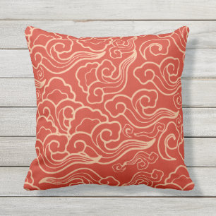 Vintage Japanese Clouds, Coral Orange Outdoor Cushion