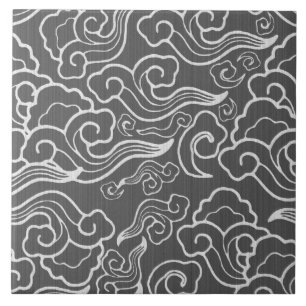 Vintage Japanese Clouds, Graphite Grey / Grey Ceramic Tile