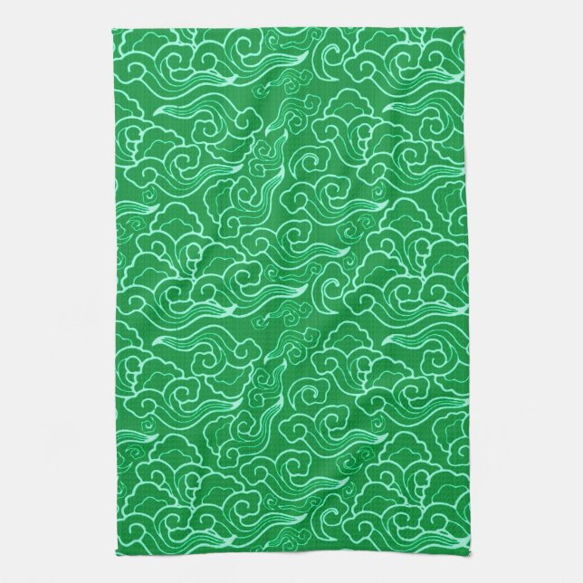 Vintage Japanese Clouds, Jade Green  Tea Towel (Vertical)
