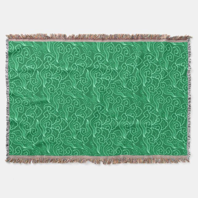 Vintage Japanese Clouds, Jade Green Throw Blanket (Front)