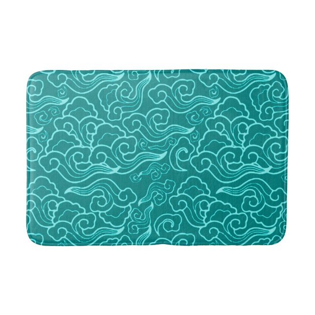 Vintage Japanese Clouds, Turquoise and Aqua Bath Mat (Front)