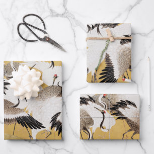 Vintage Japanese Crane Bird Flocks Wrapping Paper Sheet