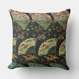 Vintage Japanese Crane & Fan Floral Art Pattern Cushion