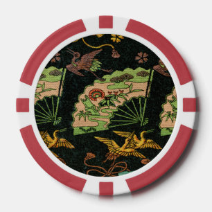 Vintage Japanese Crane & Fan Floral Art Pattern Poker Chips