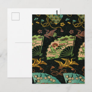 Vintage Japanese Crane & Fan Floral Art Pattern Postcard
