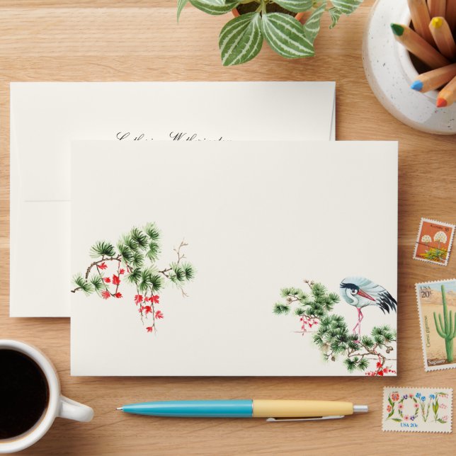 Vintage Japanese Cranes and Conifers Envelope (Desk)