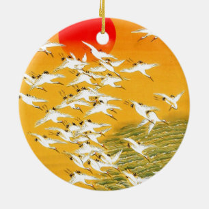 Vintage Japanese Cranes at Sunset Ceramic Ornament
