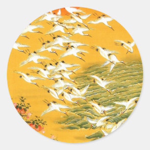 Vintage Japanese Cranes at Sunset Classic Round Sticker