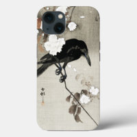 Vintage Japanese Crow and Blossom Woodblock Print