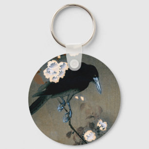 Vintage Japanese Crow and Blossom Woodblock Print Key Ring