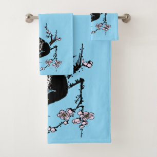 Vintage Japanese Crow and Cherry Blossoms Bath Towel Set