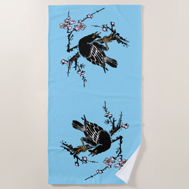 Vintage Japanese Crow and Cherry Blossoms Beach Towel (Front)