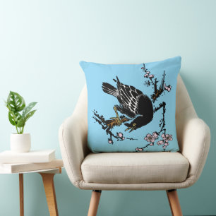 Vintage Japanese Crow and Cherry Blossoms Cushion