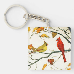 Vintage Japanese drawing, Cardinals on a branch Key Ring