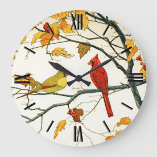 Vintage Japanese drawing, Cardinals on a branch Large Clock