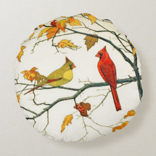 Vintage Japanese drawing, Cardinals on a branch Round Cushion
