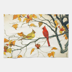 Vintage Japanese drawing, Cardinals on a branch Tea Towel
