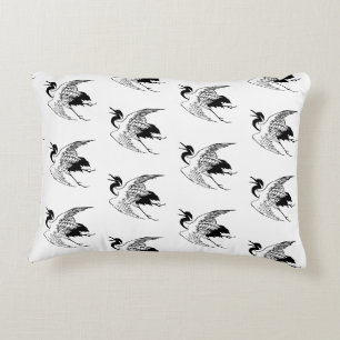 Vintage Japanese Drawing of a Crane, Black & White Decorative Cushion