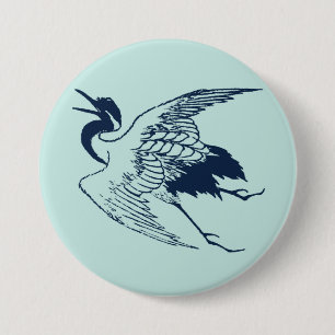 Vintage Japanese Drawing of a Crane, Blue 7.5 Cm Round Badge