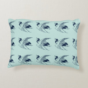 Vintage Japanese Drawing of a Crane, Blue Decorative Cushion