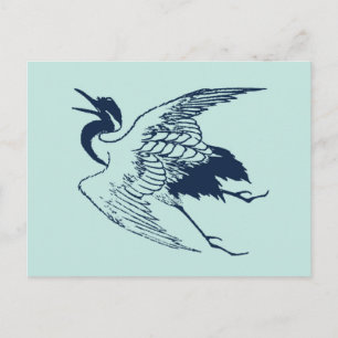 Vintage Japanese Drawing of a Crane, Blue Postcard