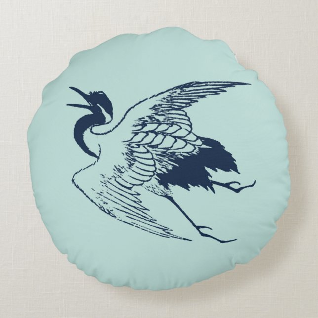 Vintage Japanese Drawing of a Crane, Blue Round Cushion (Back)