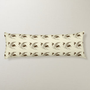 Vintage Japanese Drawing of a Crane, Brown Body Cushion
