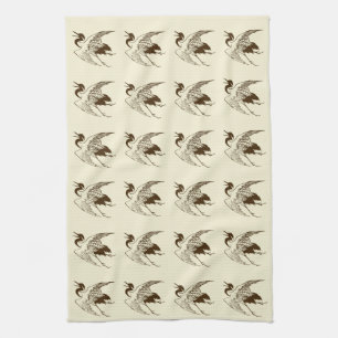 Vintage Japanese Drawing of a Crane, Brown Tea Towel