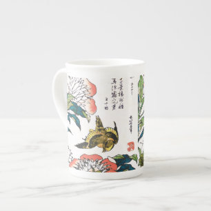 Vintage Japanese drawing, Peonies and Sparrow Bone China Mug