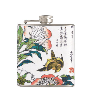 Vintage Japanese drawing, Peonies and Sparrow Hip Flask