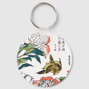 Vintage Japanese drawing, Peonies and Sparrow Key Ring