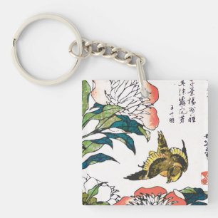 Vintage Japanese drawing, Peonies and Sparrow Key Ring