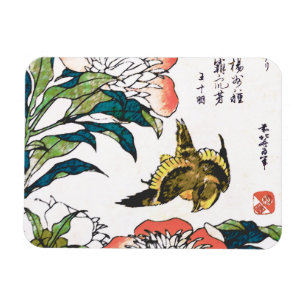 Vintage Japanese drawing, Peonies and Sparrow Magnet