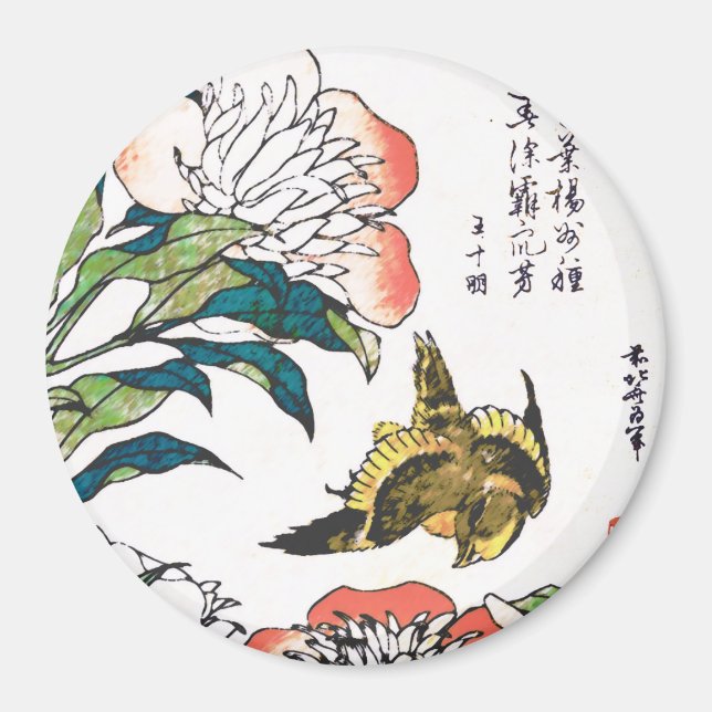 Vintage Japanese drawing, Peonies and Sparrow Magnet (Front)