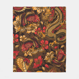 Vintage japanese elements seamless pattern with fa fleece blanket
