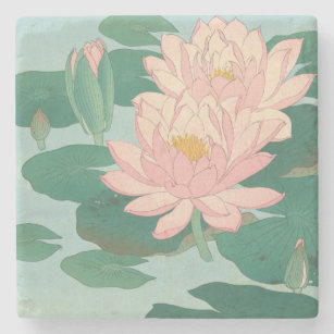 Vintage Japanese Fine Art: Flowering Water Lilies Stone Coaster