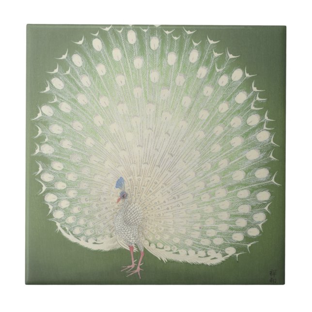 Vintage Japanese Fine Art | White Peacock Ceramic Tile (Front)