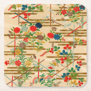 Vintage Japanese Floral Botanical Art Wallpaper Square Paper Coaster