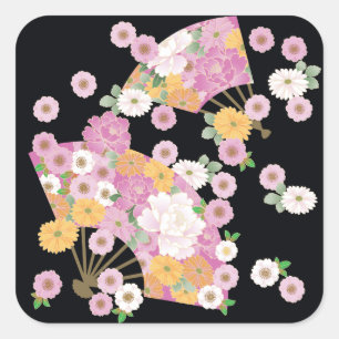 Vintage Japanese Floral Fan Square Sticker