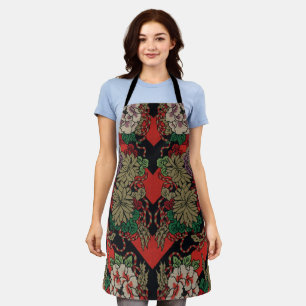 Vintage Japanese Floral Peony Red Black Pattern Apron