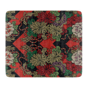 Vintage Japanese Floral Peony Red Black Pattern Cutting Board