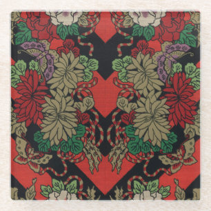 Vintage Japanese Floral Peony Red Black Pattern Glass Coaster