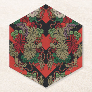 Vintage Japanese Floral Peony Red Black Pattern Paper Coaster