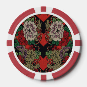 Vintage Japanese Floral Peony Red Black Pattern Poker Chips