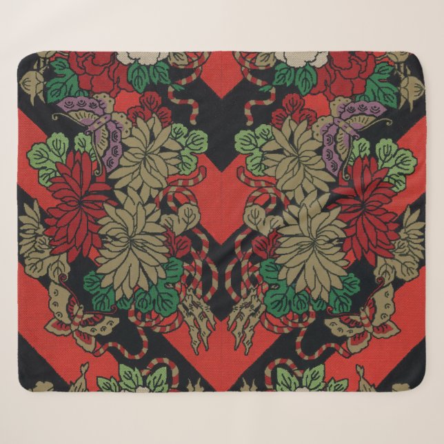 Vintage Japanese Floral Peony Red Black Pattern Sherpa Blanket (Front (Horizontal))