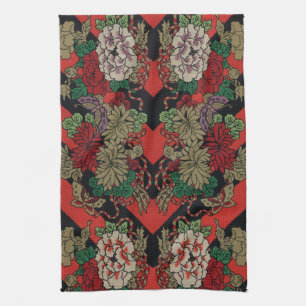 Vintage Japanese Floral Peony Red Black Pattern Tea Towel
