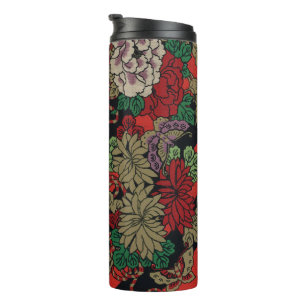Vintage Japanese Floral Peony Red Black Pattern Thermal Tumbler