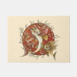Vintage Japanese Flying Fish and Bamboo Leaves Art Doormat