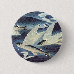 Vintage Japanese Flying Fish in Ocean, Japonism 6 Cm Round Badge